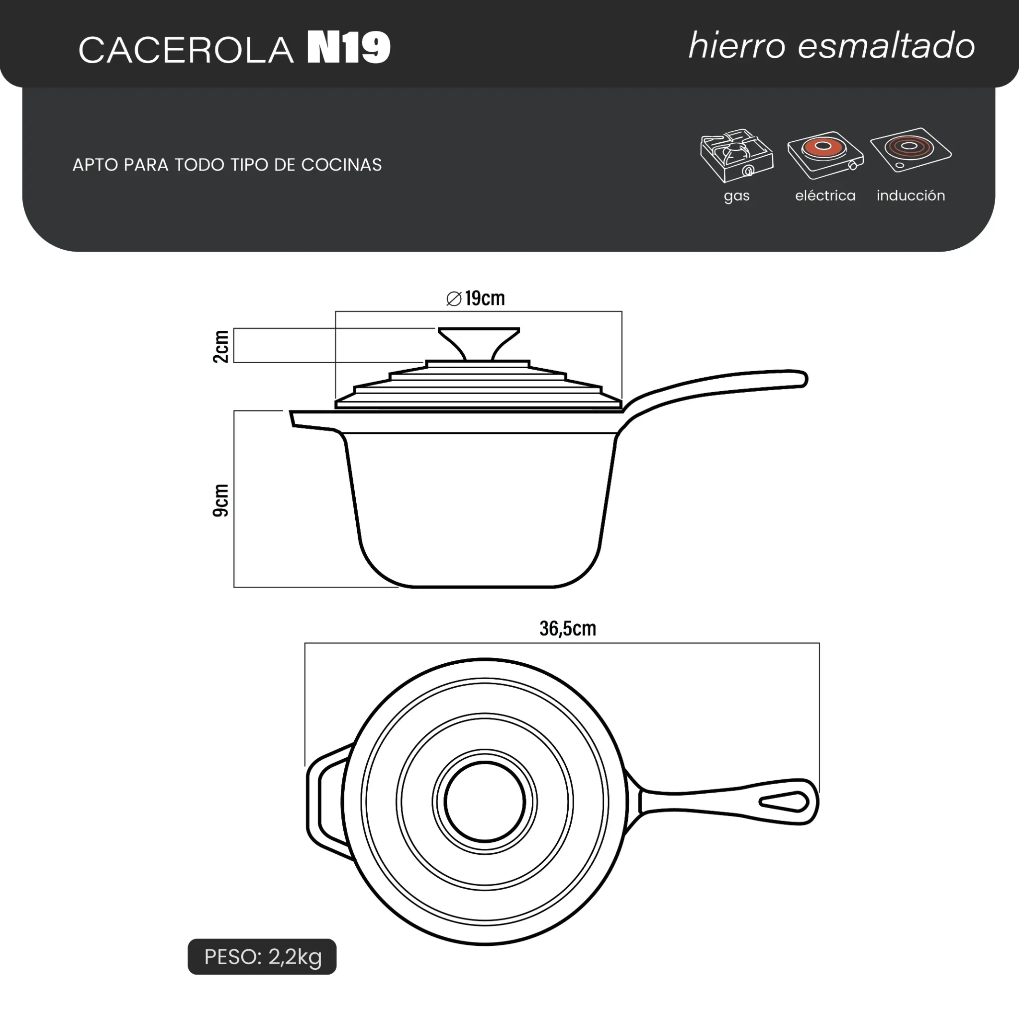 Cacerola N19 c/ mango Esmaltada Negra | By Sakura