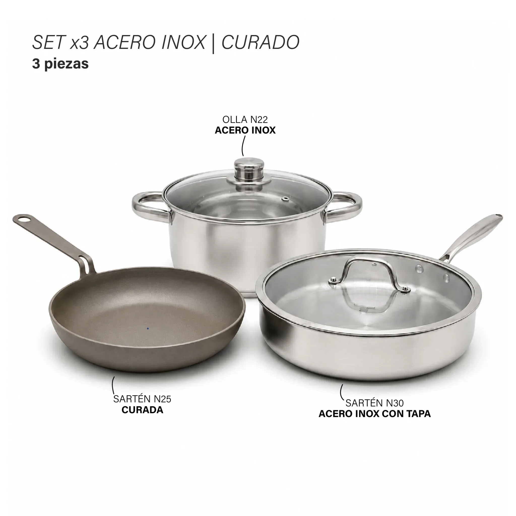 Set x3 Curado | Acero Inox