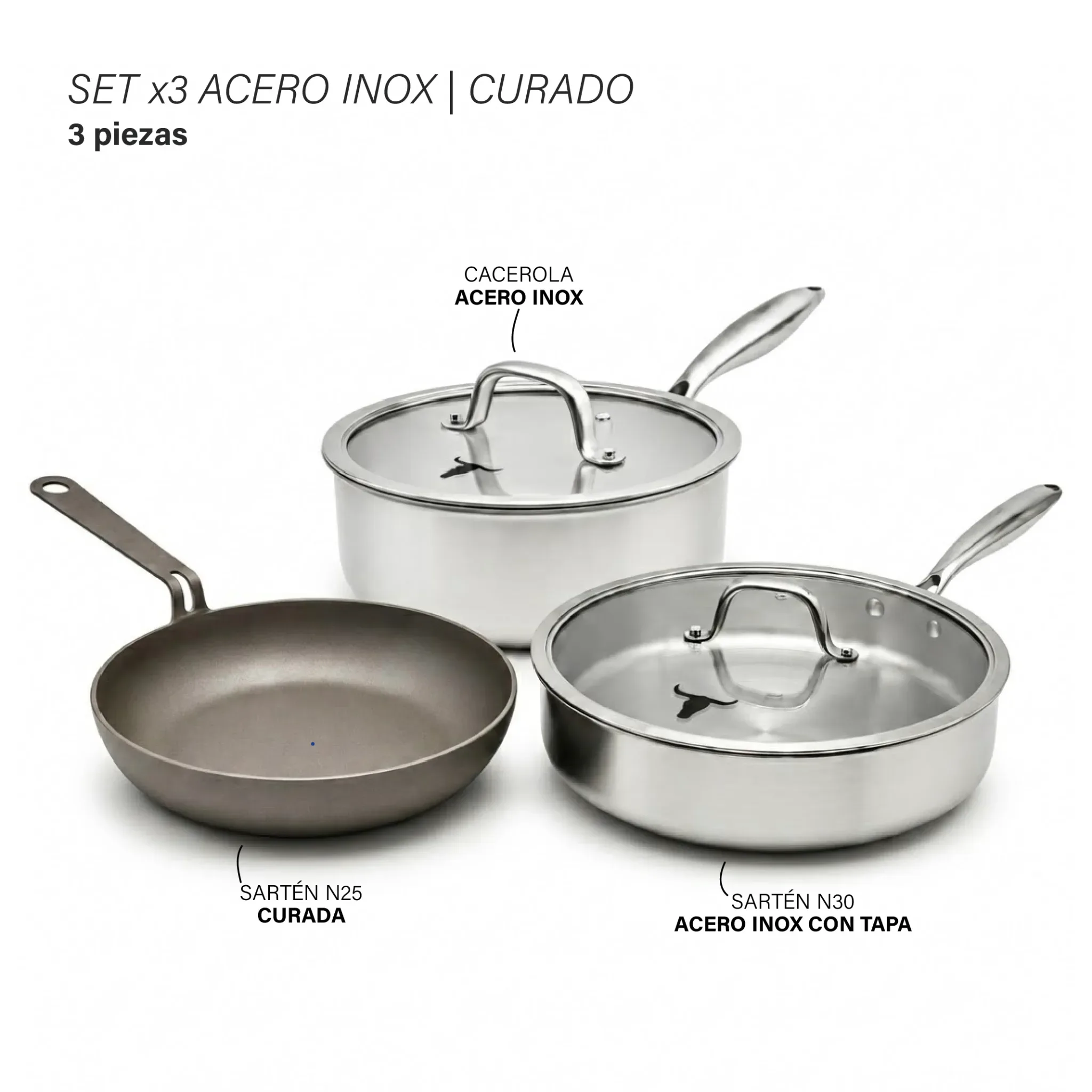 Set x3 Curado | Acero Inox