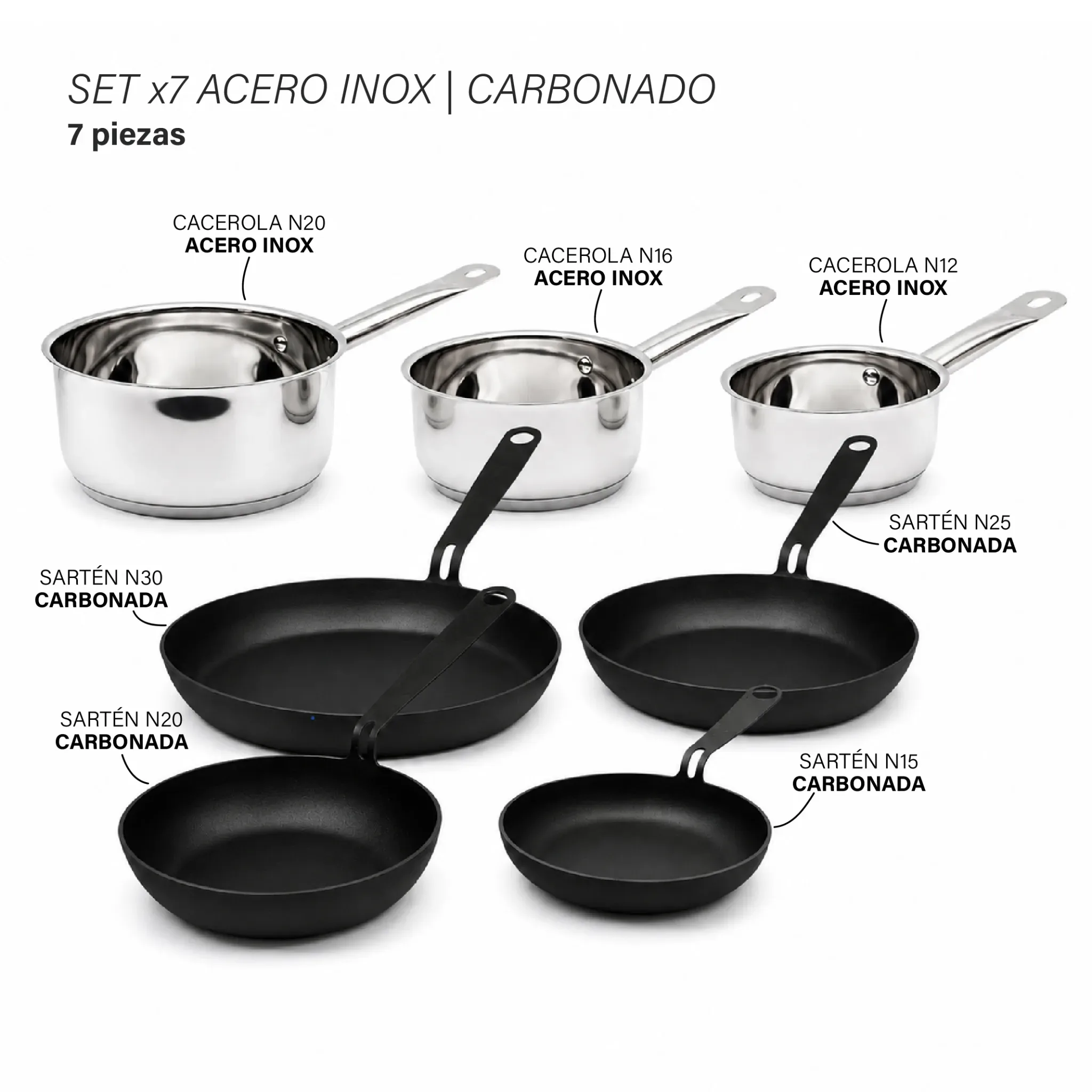 Set x7 Carbonado | Acero Inox